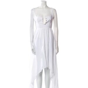 Sleeveless White High-Low Dress with Plunging Neckline